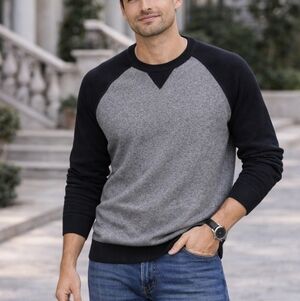 Mens 1901 Cotton And Cashmere Crew Neck Pullover Sweatshirt Med Gray And Black